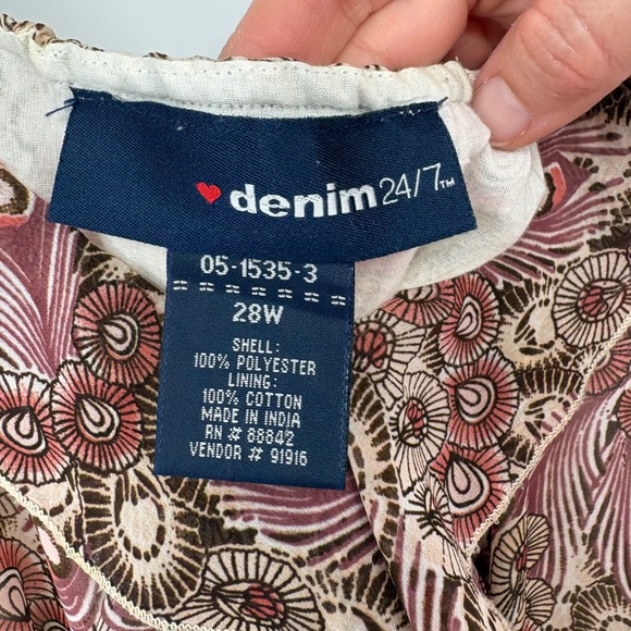 Denim 24/7 Maxi Dress 28W Pink Brown Paisley Peacock Ruffle V-Neck Sleeveless - Picture 6 of 10